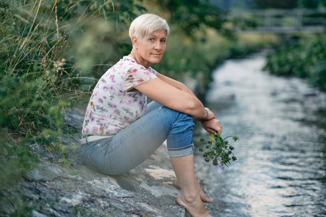 Rebolj, with some foraged finds. "Flowers will call me when they want to be picked," she says.