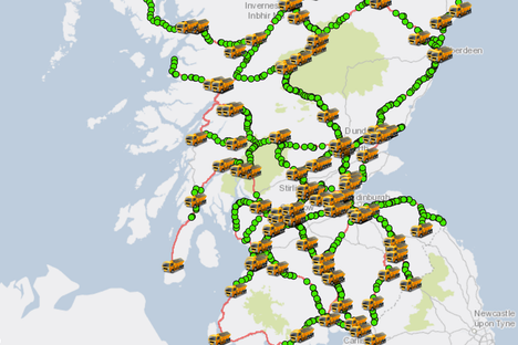A screenshot of the map shows the 90-odd salt trucks scattered across Scotland.