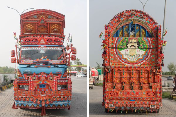 Bedford trucks are a common sight in Pakistan, many with large wooden "crowns" atop them. The massive vehicles provide the perfect canvas for portraiture, a style unique to Pakistani truck art.