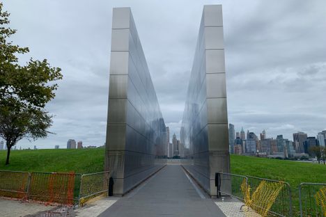 This stark memorial visually echoes the Twin Towers.