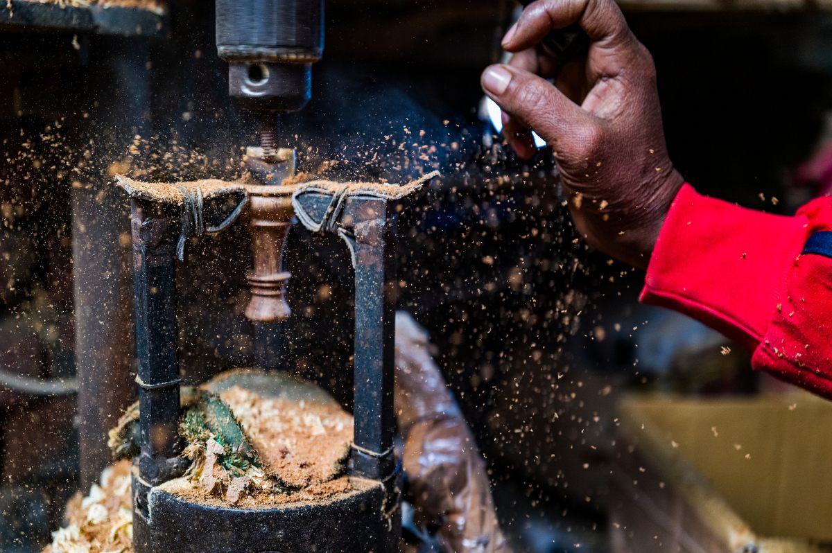 Other than knights, most pieces are made with the assistance of a lathe, a rotating tool that expedites the shaping process. Even these pieces often have many hand-done details.
