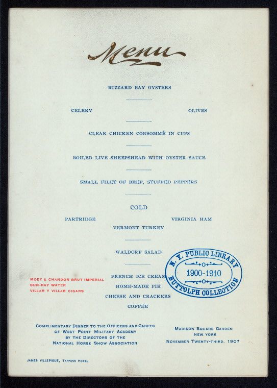 A menu for a dinner held at Madison Square Garden for West Point Academy officers and cadets, serving pie.