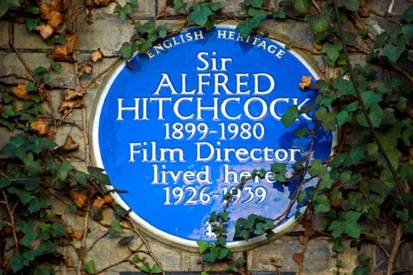 Heritage plaque marking home of Alfred Hitchcock.