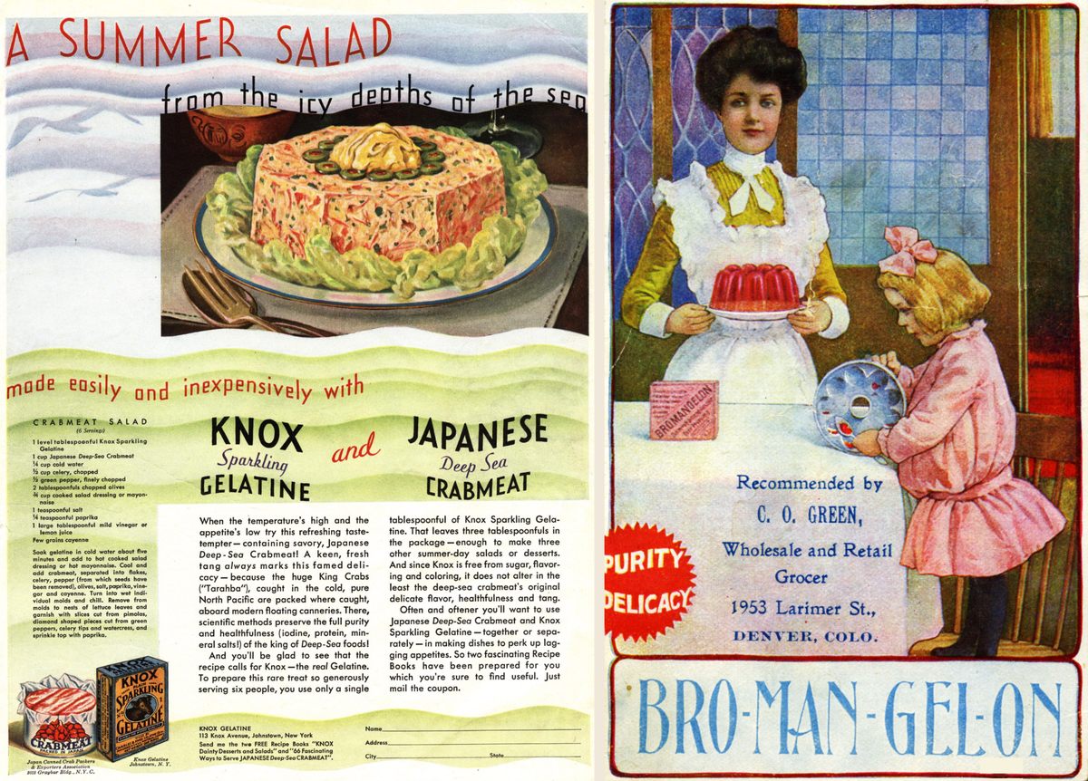 A 1910 Crabmeat Salad with Knox Sparkling Gelatine. Ingredients include chopped olives and mayonnaise.