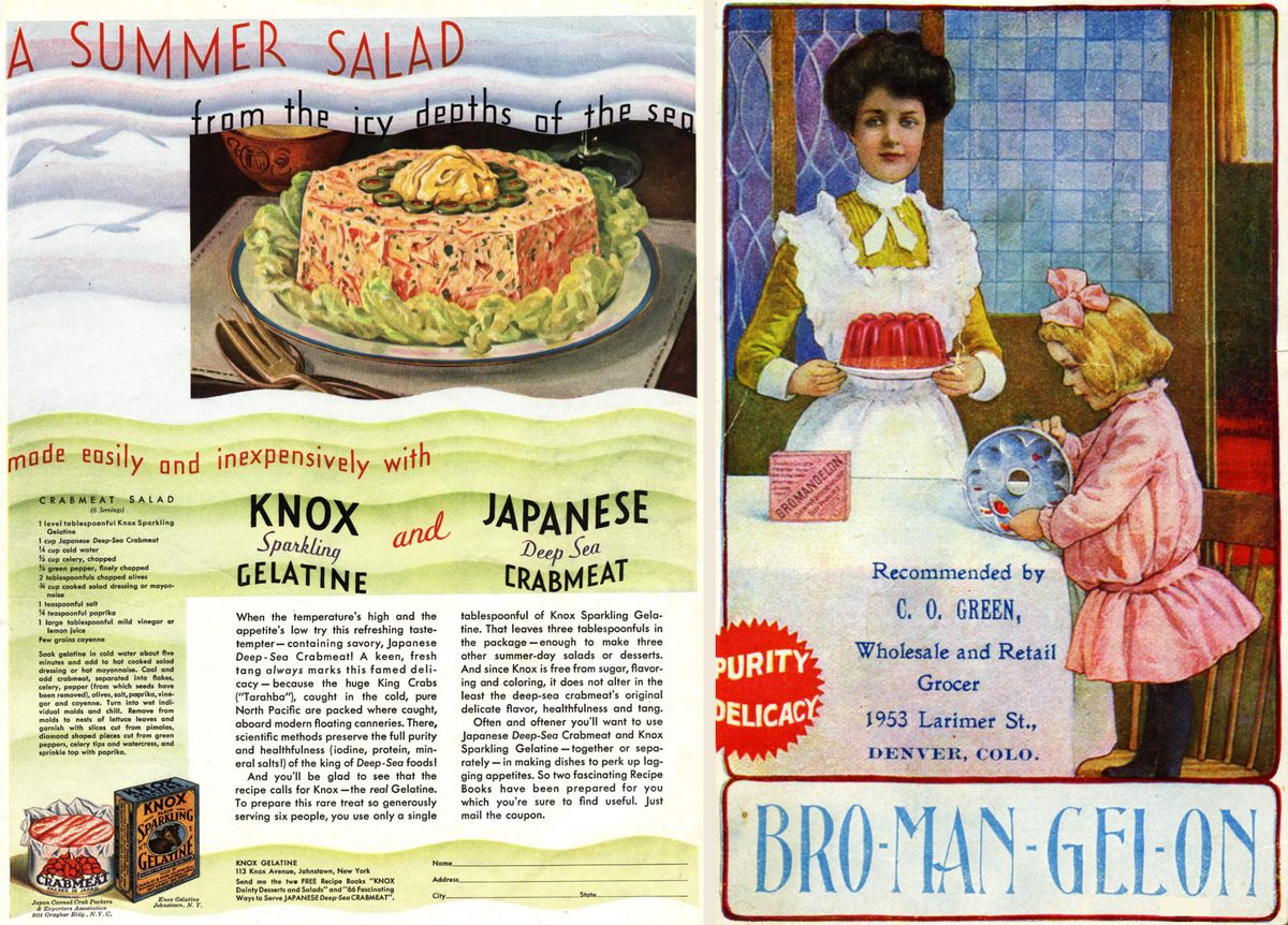 A 1910 Crabmeat Salad with Knox Sparkling Gelatine. Ingredients include chopped olives and mayonnaise.
