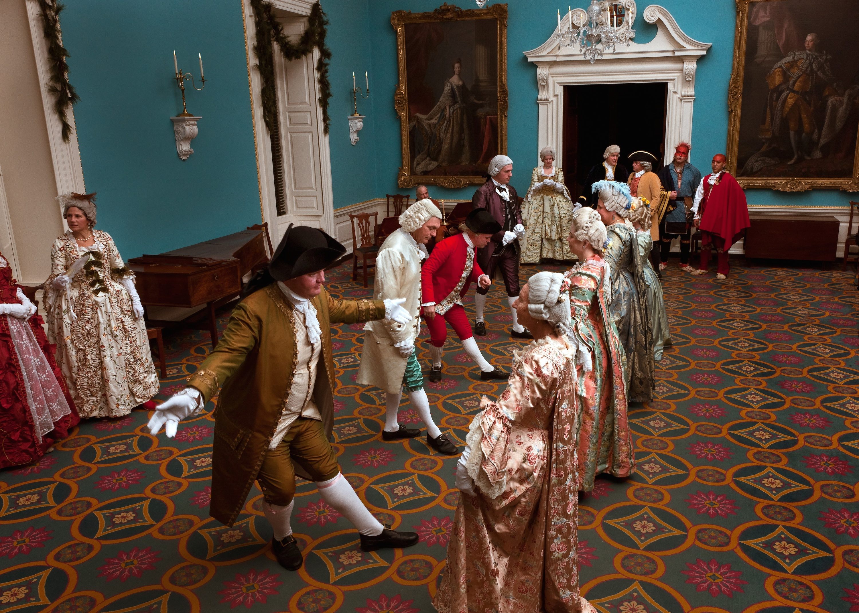 Some of Colonial Williamsburg's historical interpreters, bowing and curtseying before dancing.