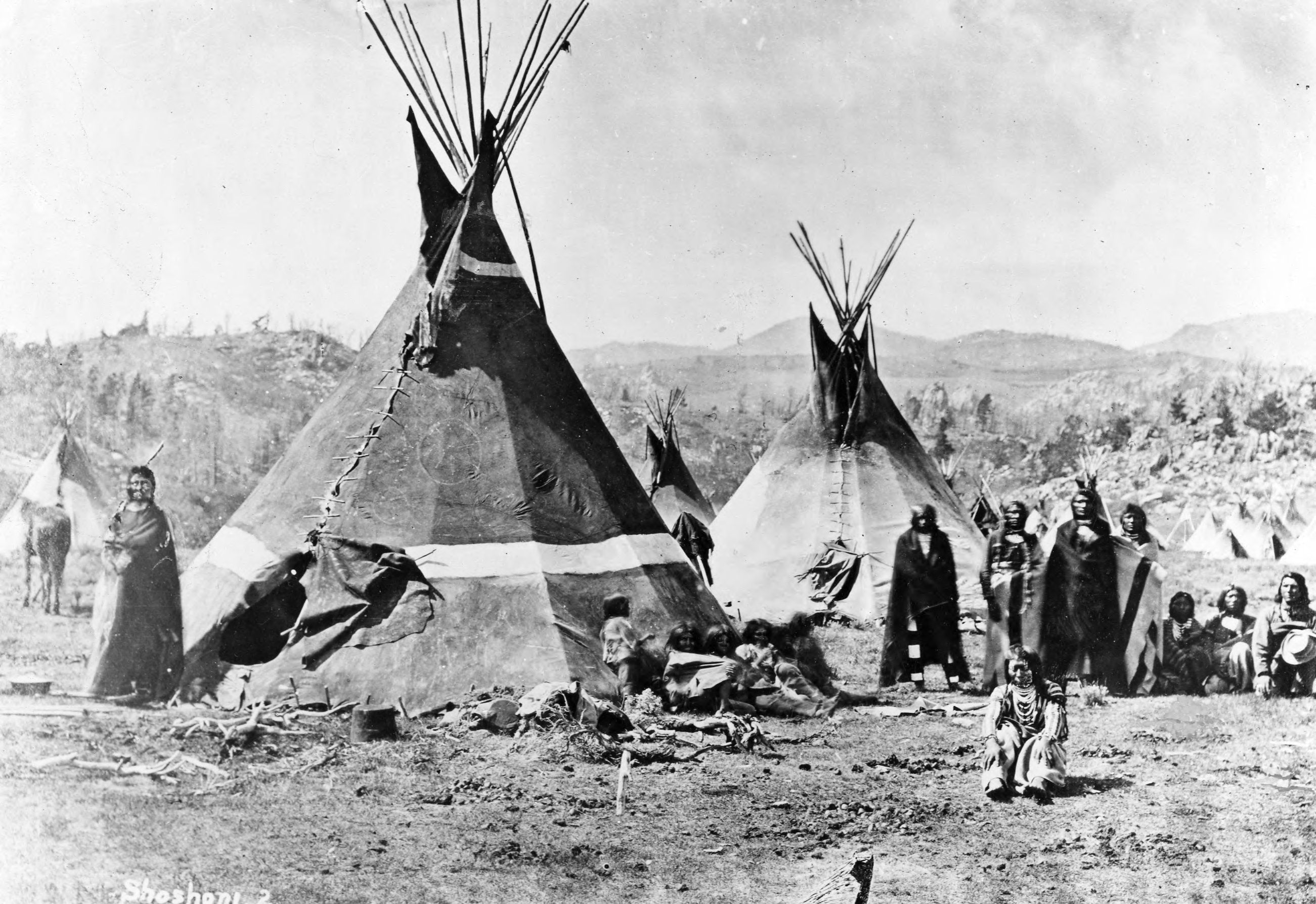 A Shoshone village in 1870. The Shoshone enjoyed roasted grasshopper and grasshopper flour.