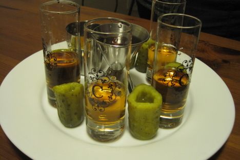 A set of picklebacks with extra pickle flavor.