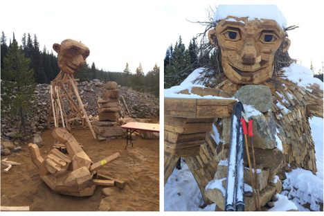 The Danish artist Thomas Dambo came to Breckenridge to build Isak Heartstone in August 2018 (left); In one of Isak's last days, coated with snow, he poses with a pair of skis (right).