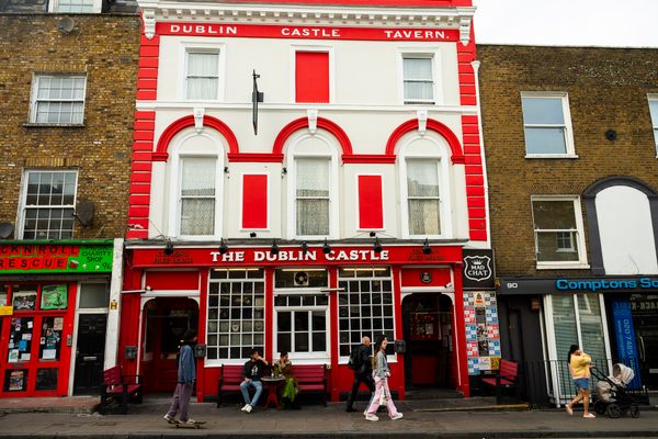 Look for the cheery red and white exterior.