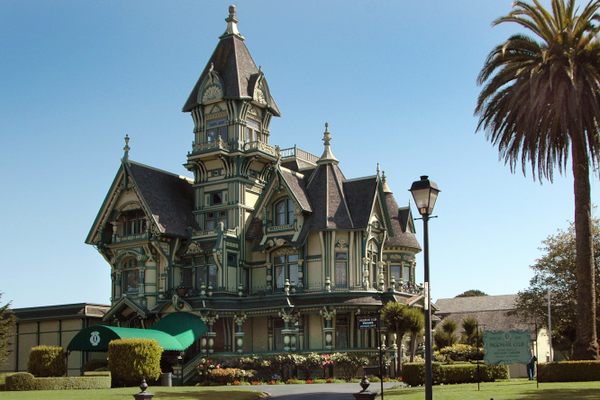 An exterior shot of the Carson Mansion.