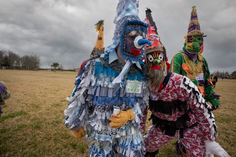 The creative costumes might be made of assortments of household or farm trash such as old feed bags, lampshades, bottle caps, and spent shotgun shells. 