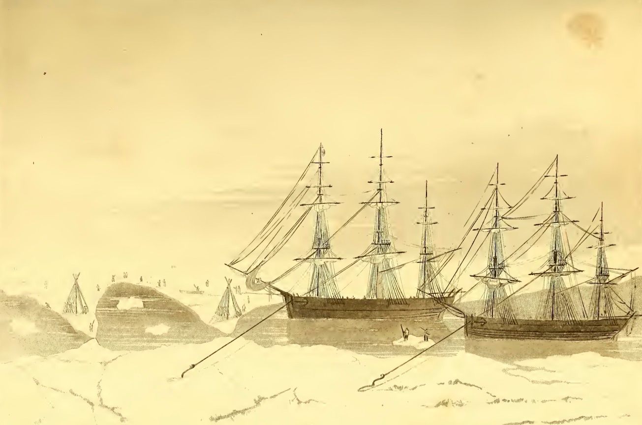 The crew of the Isabelle and Alexander dragging their ships through the ice.