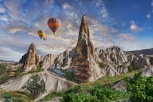 Hot air balloons over the Fairy Chimney rock formations in Cappadocia.