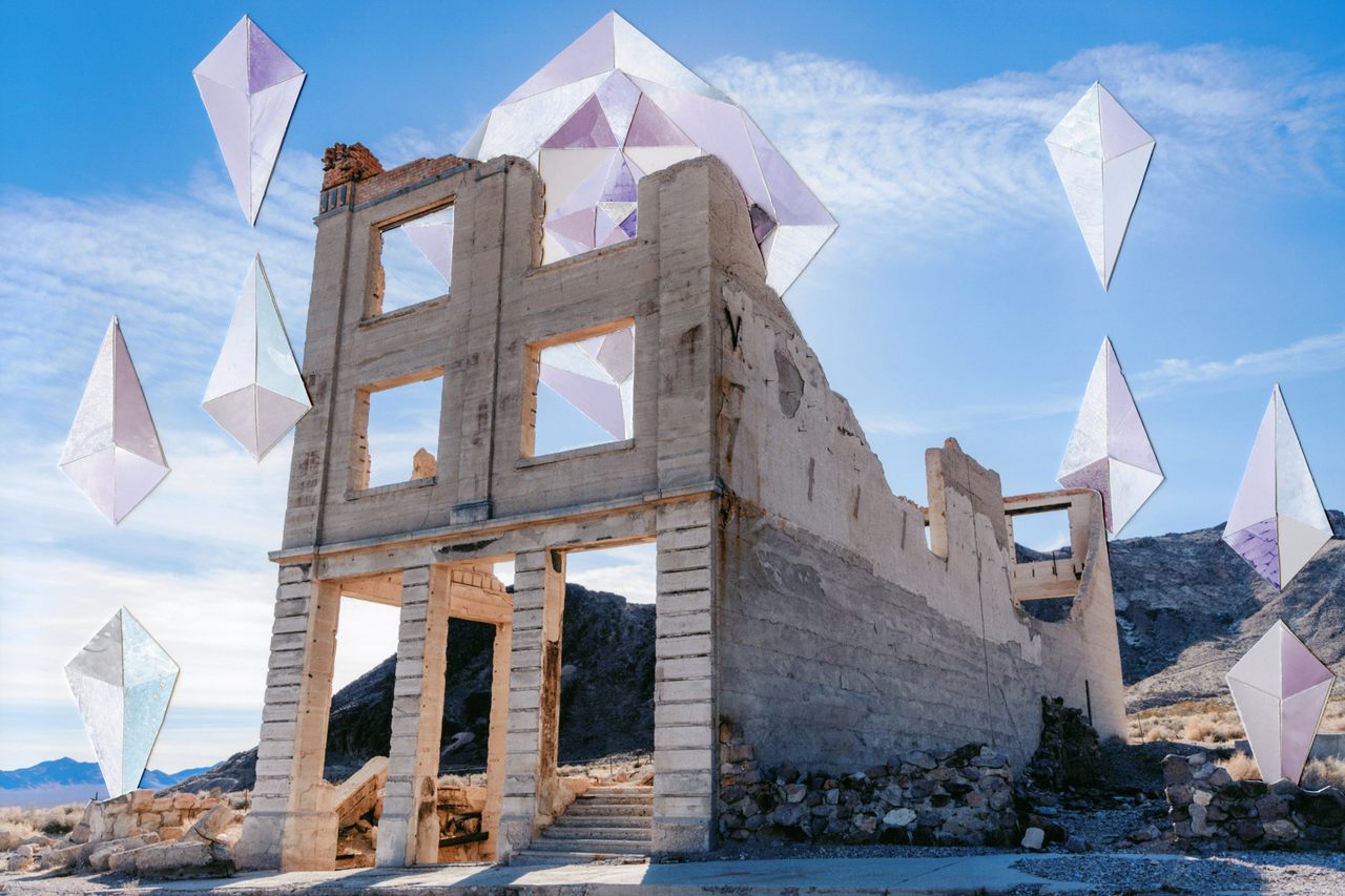 <em>Solarized Rhyolite</em> by Francesca Berrini and Lindsey Rickert portrays Rhyolite's past and present as a boomtown gone bust via collage rendered as a postcard. 