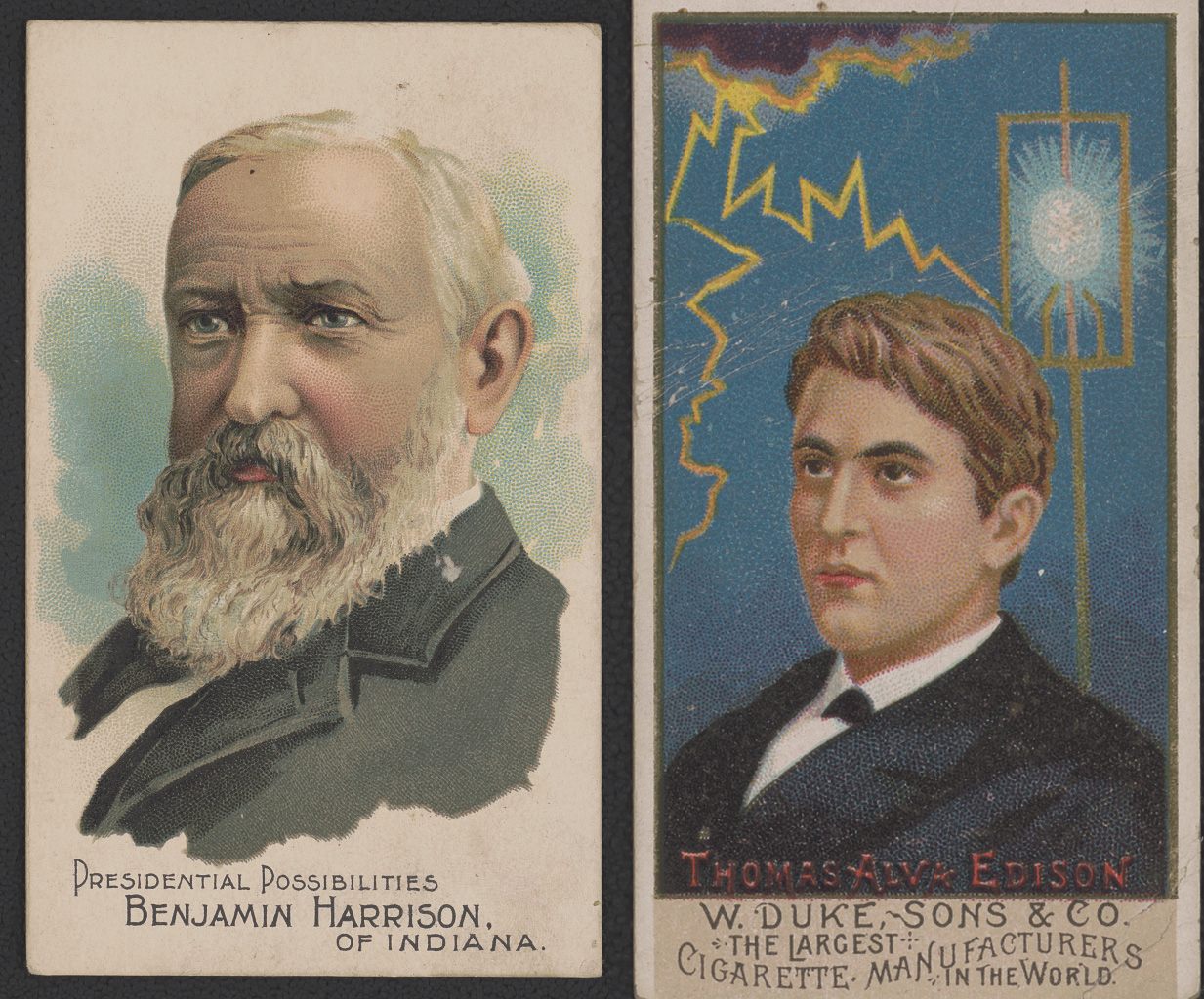 A cigarette card featuring then-presidential candidate Benjamin Harrison (left) and a cigarette card featuring Thomas Edison (right).