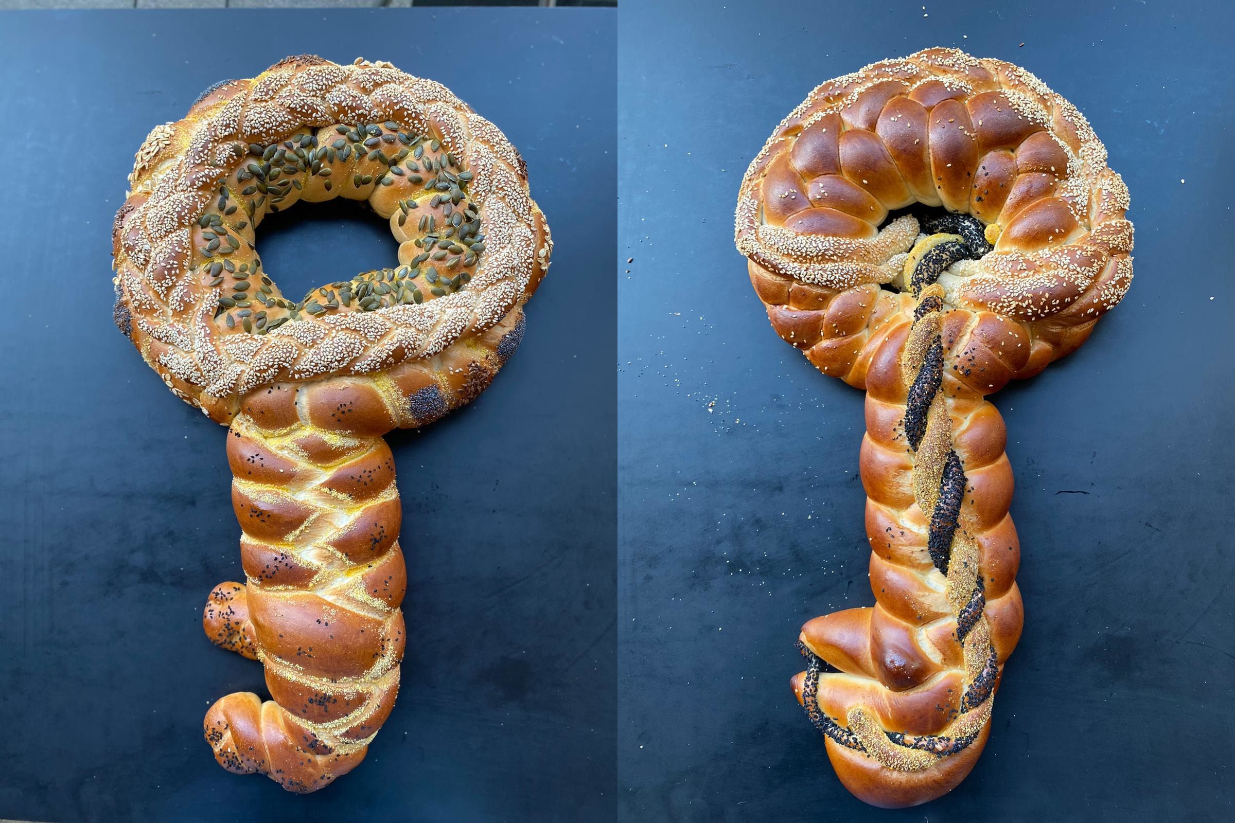 These two challahs baked by Uri Scheft are embellished with white and black seeds.