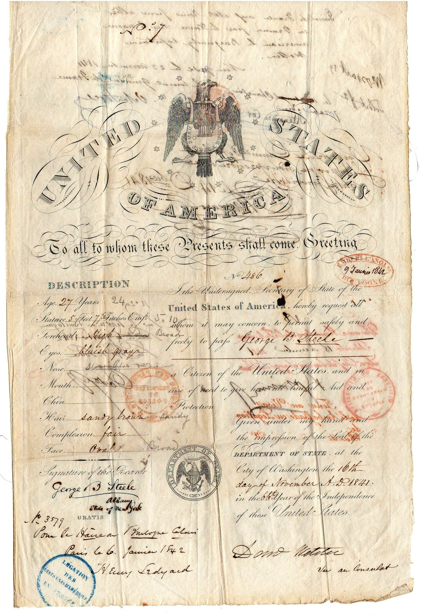 This American travel document from 1841 describes its bearer as having a straight nose, fair complexion, and oval chin.