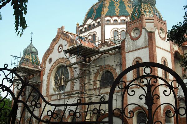Subotica's synagogue with its wrought iron gate and garden