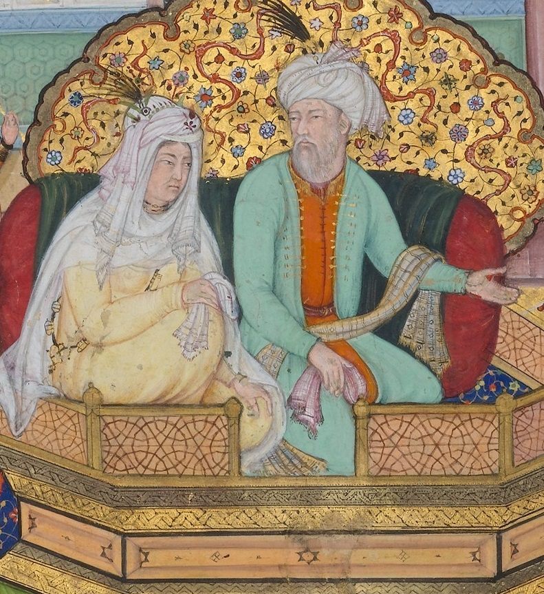 Grand Empress Börte (left) and Genghis Khan, more accurately called Chinggis Khan, from a 16th-century book commissioned by Mughal emperor Akbar the Great, who claimed descent from the khan.