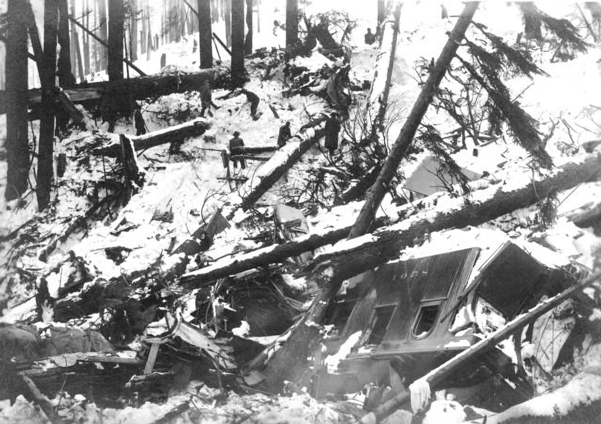 “It seemed as if the world were coming to an end,” said one eyewitness to the Wellington disaster, when two Great Northern trains were buried in an avalanche. “I saw the whole side of the mountain coming down, tearing up everything in its way … Trees, stumps, and snow were rolling together in gigantic waves … I saw the first rush of snow reach the track [and] swallow the trains.”