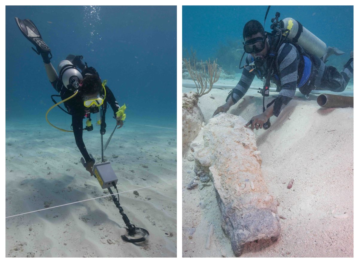 Shirikiana Gerima (left) and Kramer Wimberley (right), members of Diving With a Purpose, are on the hunt for the <em>Guerrero</em> and other wrecks.