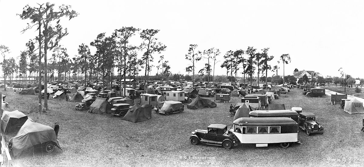 Cars, trailers, and recreational vehicles stipple the grounds in Arcadia, Florida, during the 12th-annual Tin Can Tourists convention, in 1931. The group's meetings were a boon to local economies, leading cities to compete with one another for the right to play host each year.