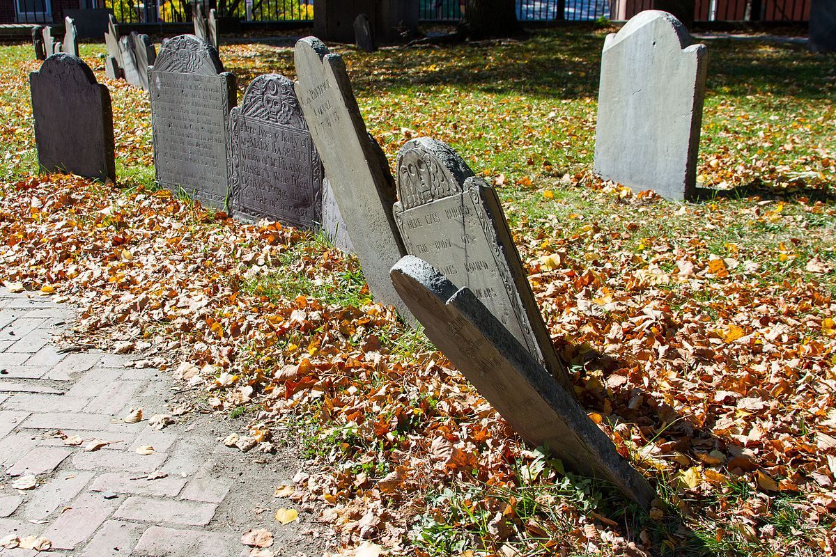 Several headstone in the Copp's Hill Burying Ground in Boston. Many of these headstone are from the 18th and 19th century.