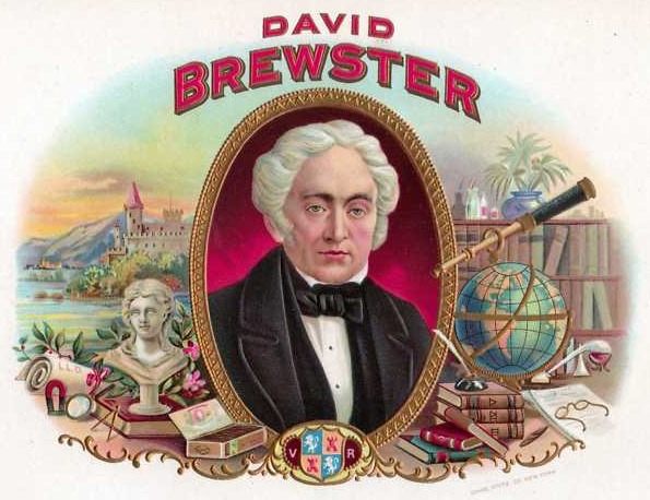 Cigar box showing the portrait of David Brewster, with a kaleidoscope on the right