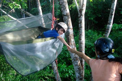 Mother and son tree climb in the amazon jungle