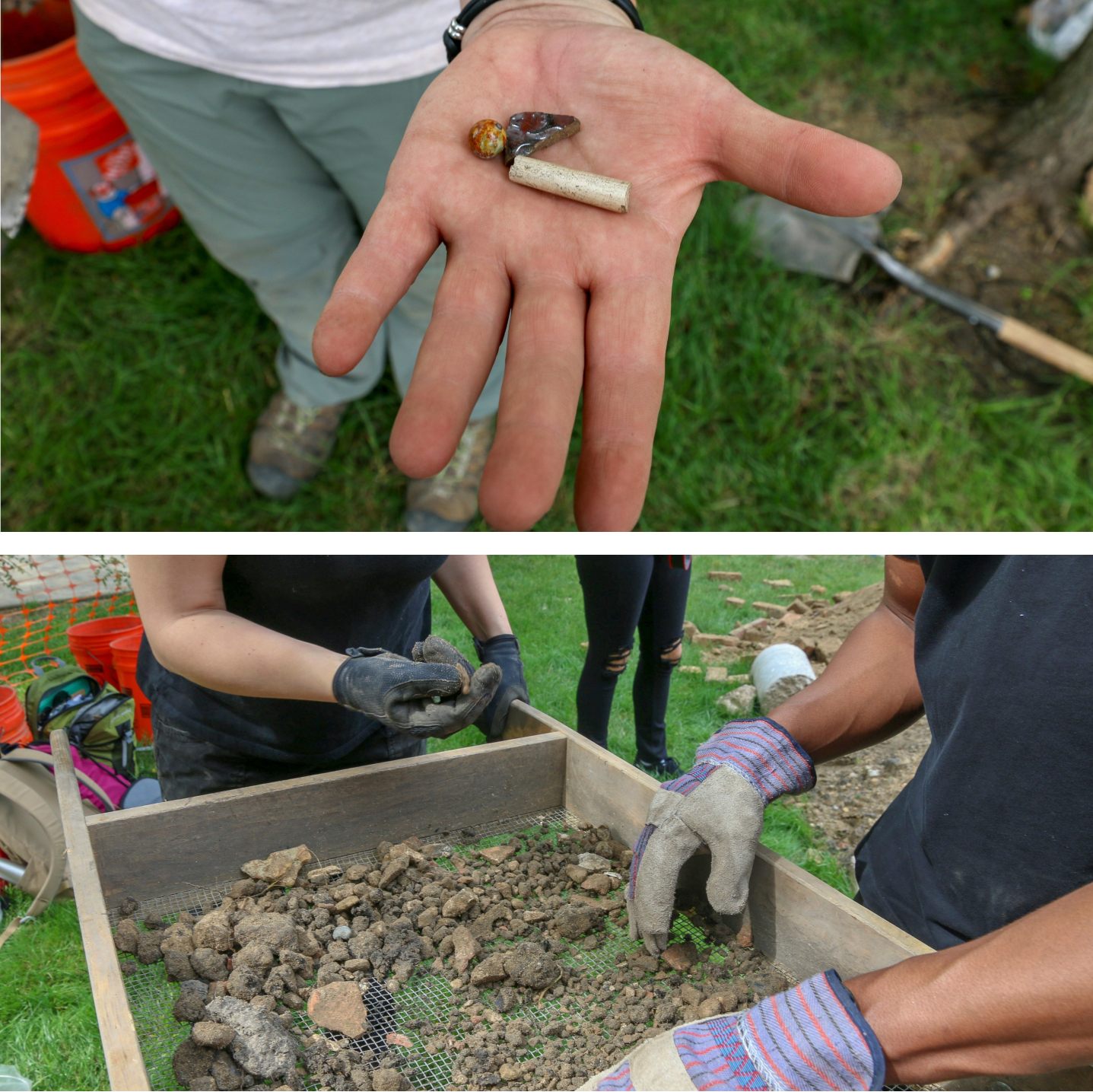 Selected artifacts from Mecca Flats, including a white clay smoking pipe stem, Bennington marble, and Rockingham ceramic fragment (top); Screens are used to find potential artifacts from Mecca Flats (bottom).