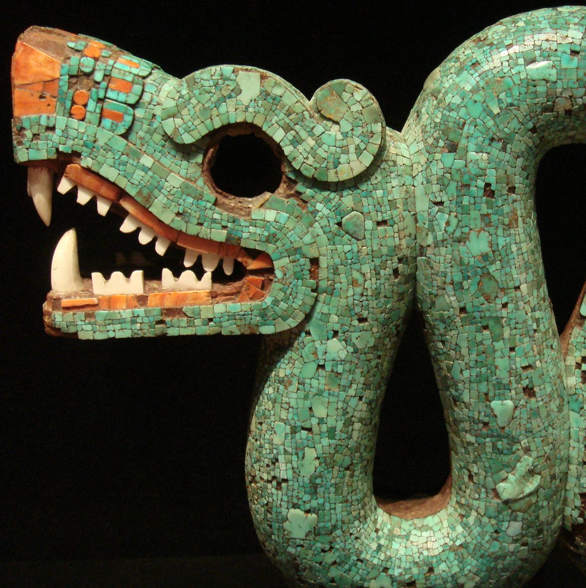 The objects hail from all over the world. This turquoise serpent with two heads, for instance, is an Aztec artwork from modern-day Mexico.