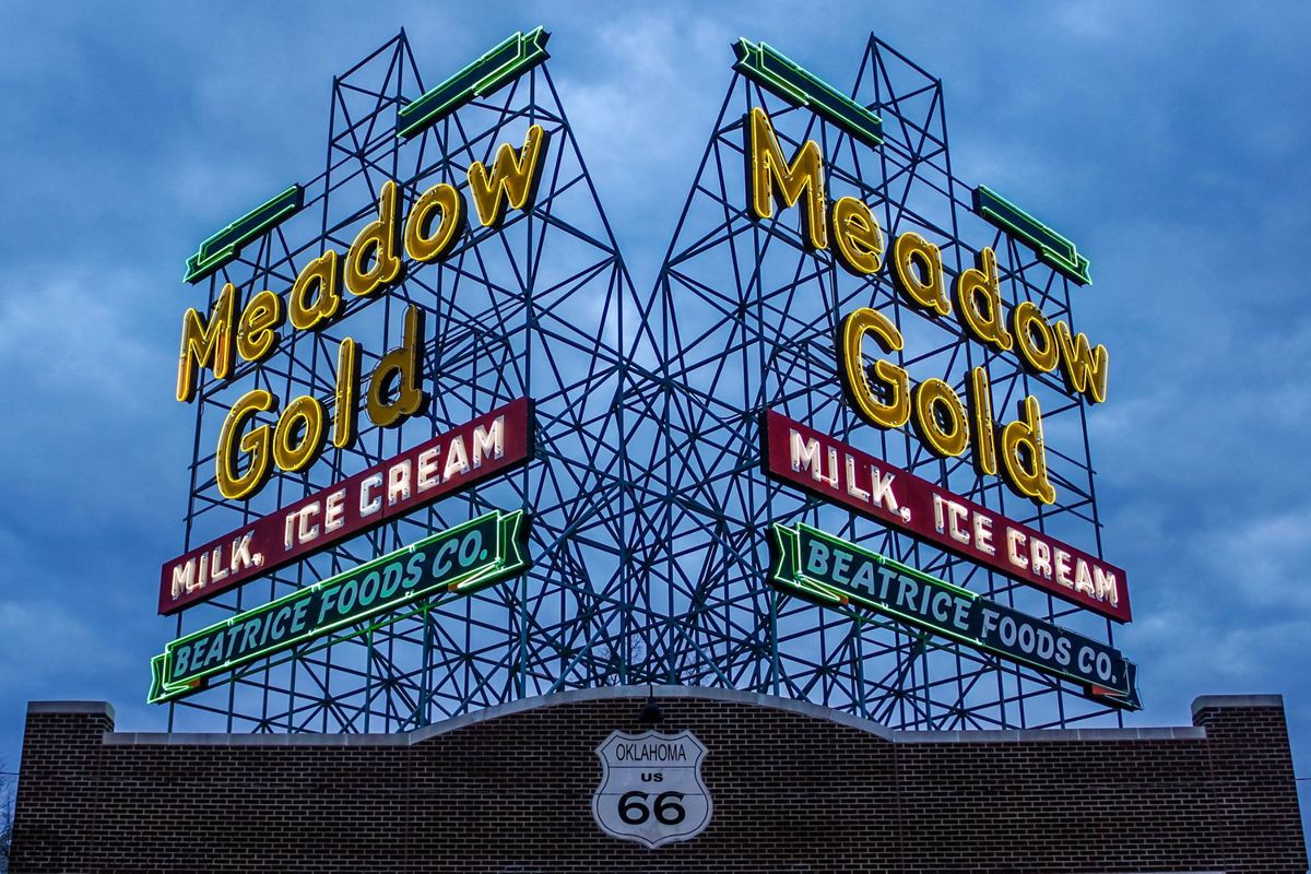 The neon Meadow Gold milk sign in Tulsa, Oklahoma. It was first displayed in 1934 and subsequently refurbished and moved in 2009.