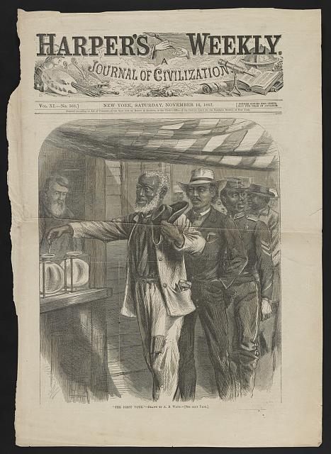 "The First Vote" illustrated African American men using the glass ballot box to vote. 