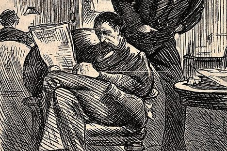 An illustration from 1883 of the scene inside a London gentleman's club.