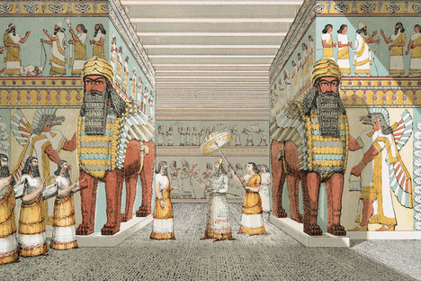 Detail of a courtyard in the palace at Ninevah during the Assyrian Empire, illustration by Sir Austen Henry Layard, 1853.