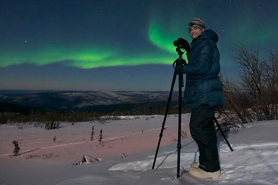 Todd Salat the Aurora Hunter on top of Murphy Dome just outside of Fairbanks, Alaska.  The trick to successful aurora hunting is to dress warm and stay up all night long for as many nights as it takes.