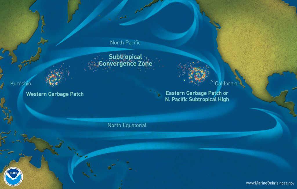 A NOAA map showing garbage patches in the Pacific Ocean.