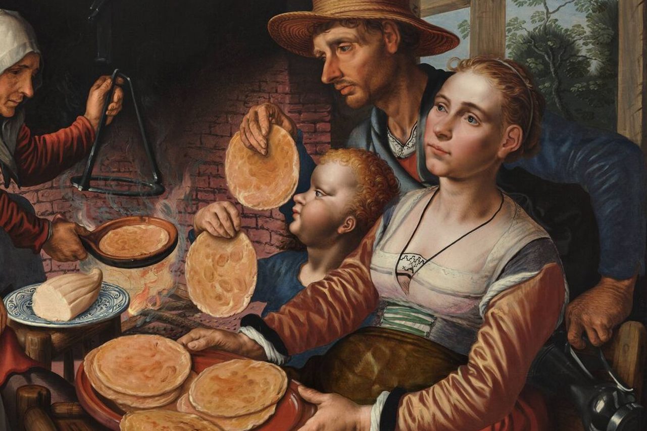 A 16th-century painting shows a family enjoying pancakes and waffles.
