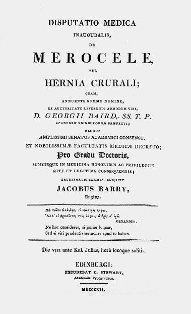 The title page of Barry's thesis on the femoral hernia.