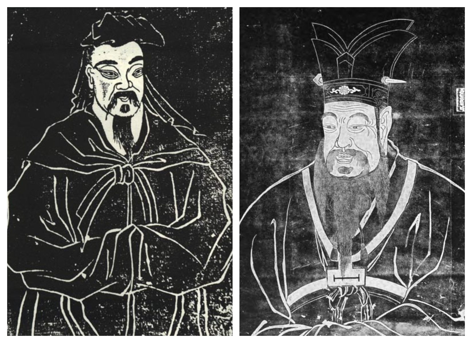 Renderings of imperial adviser Dong Zhongshu (left) and Confucius featured in the 19th century book <em>A Short History of China</em>.