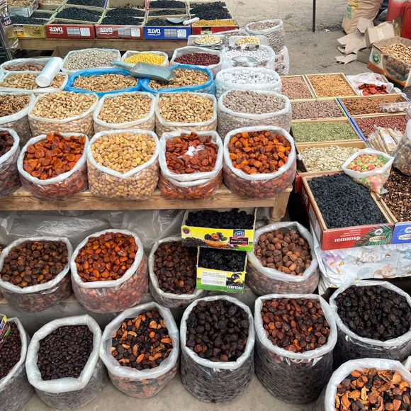 Apricots, figs, prunes, dates, and raisins among the masses of dried fruit available.