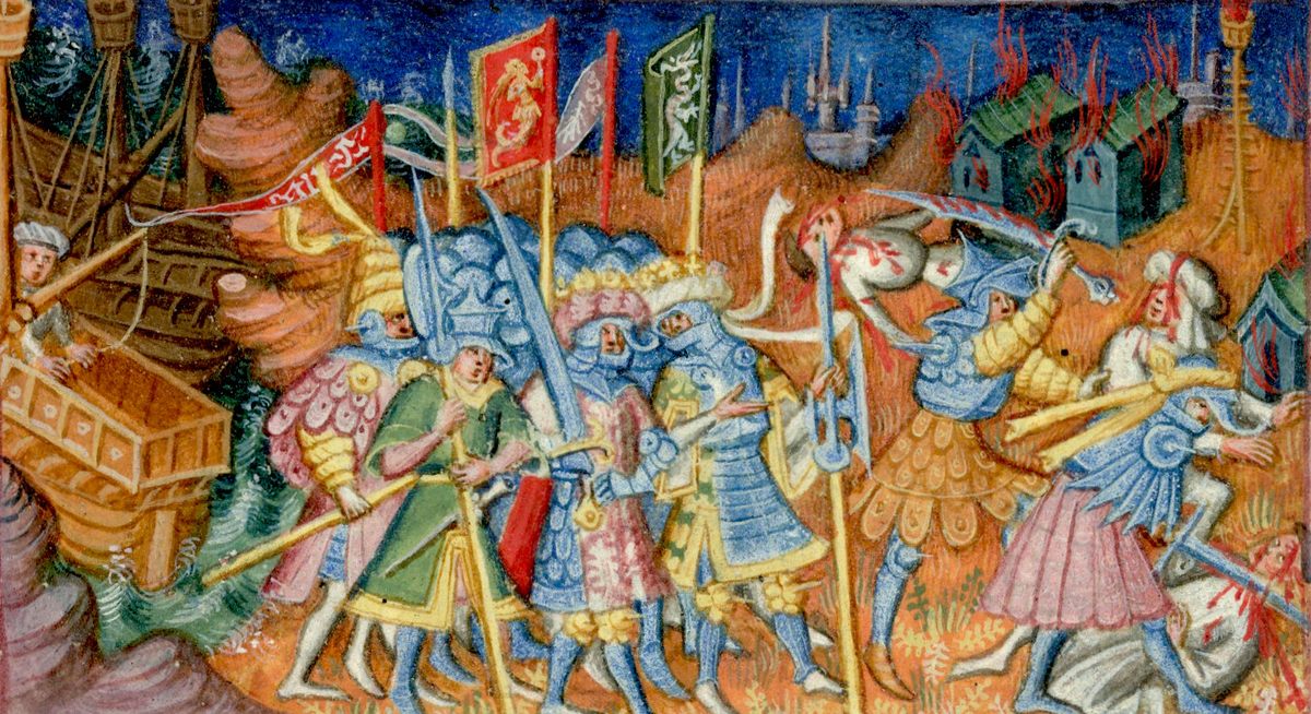 A 15th-century illuminated manuscript depicts Viking brothers Hinguar and Hubba raiding a northern England town.