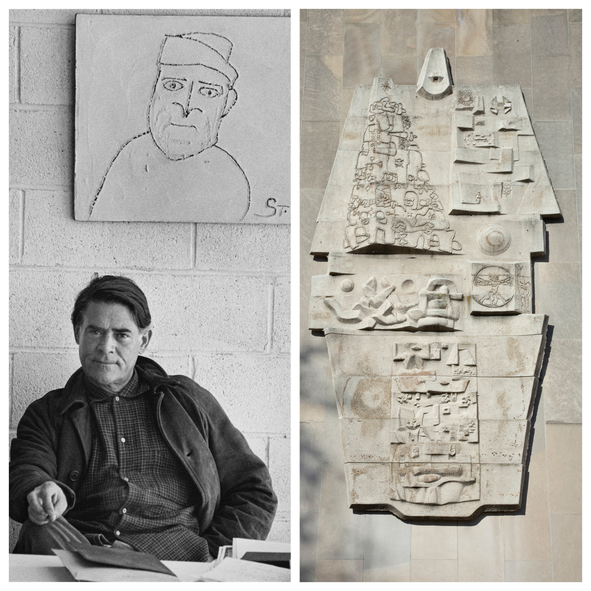 Portrait of Costantino Nivola (left). A sand-cast bas relief cartouche, created in 1958 and installed at William E. Grady Vocational High School in Brooklyn (right).