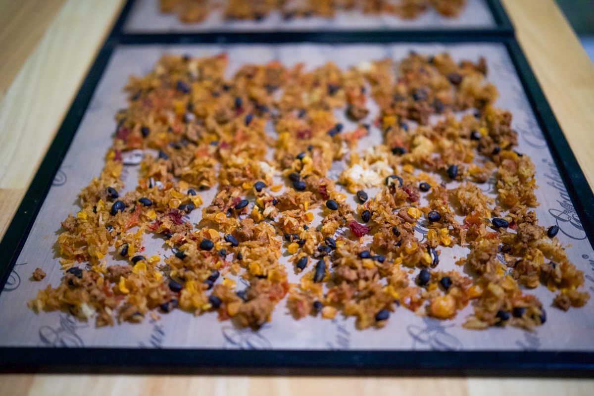 Turkey taco mix dehydrated in a thin layer for even drying.