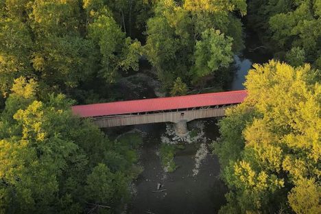 An aerial view of the Historic Pomeroy-Academia Covered Bridge.