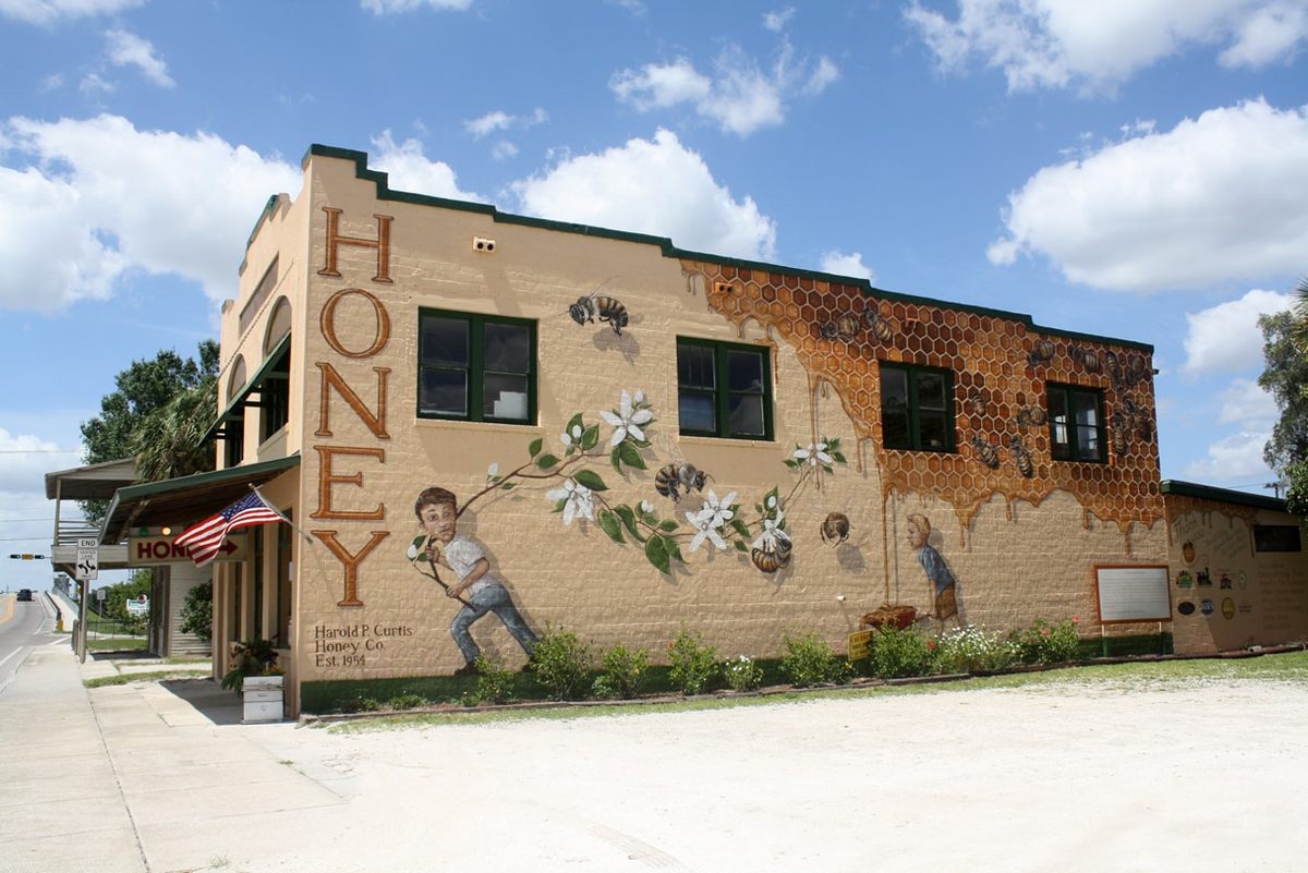 While painting this mural in LaBelle, Florida, Willey made it his goal to paint 50,000 bees. The figures on the side of the building are about 10 feet tall.