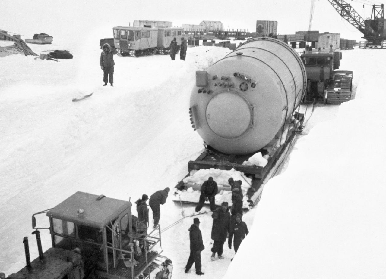 Part of a portable nuclear power plant arrives at Camp Century in 1960. 