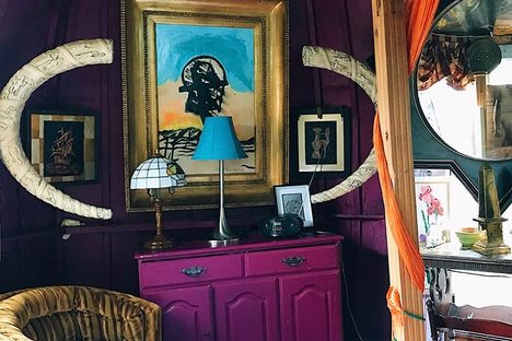 A view of one of the sculptural rooms built from an old dinghy.