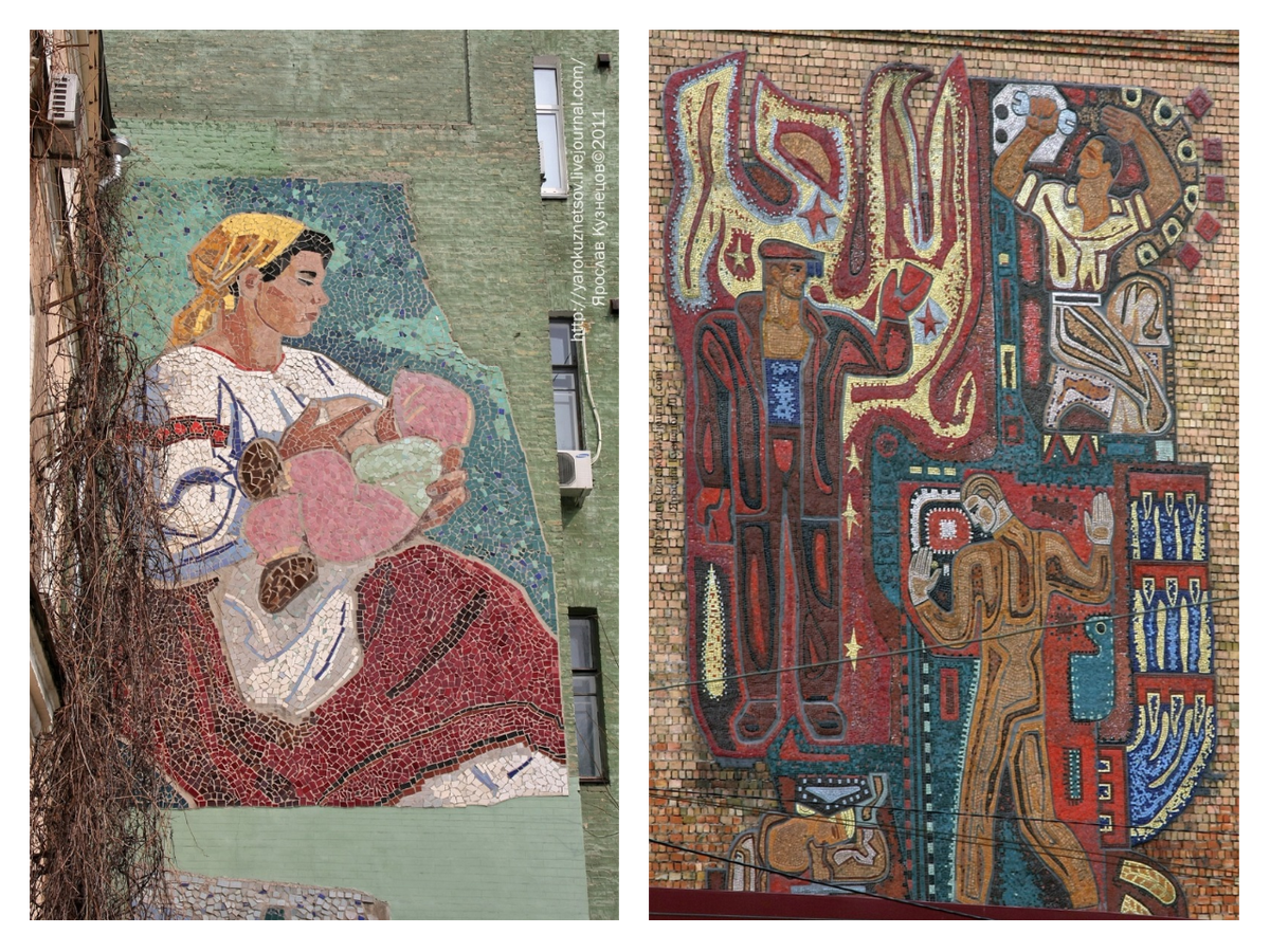 A panel from the 1960s titled “Ukrainian Madonna,” on a wall in the Bogdan and Varvara Khanenko Museum of Arts, by the artist Vasyl Ovchynnikov (left); a mosaic called "Labor Symphony,” on the facade of a house in Kyiv, by the artists Valeryi Lamakh and Ernest Kotkov.